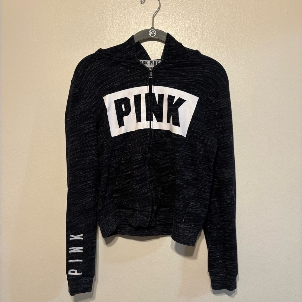 PINK Victoria's Secret Black Zip-Up Hoodie with White Logo